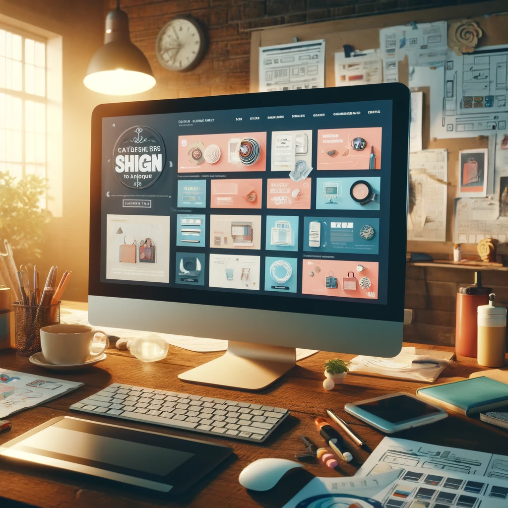 a designer's workspace as you described, with a focus on a monitor showcasing an elegant ecommerce website interface, surrounded by design sketches and a warm, creative atmosphere.